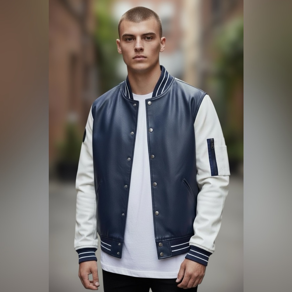 Fried Denim G NYC Navy Blue & White Faux Leather Varsity Bomber Jacket  Medium